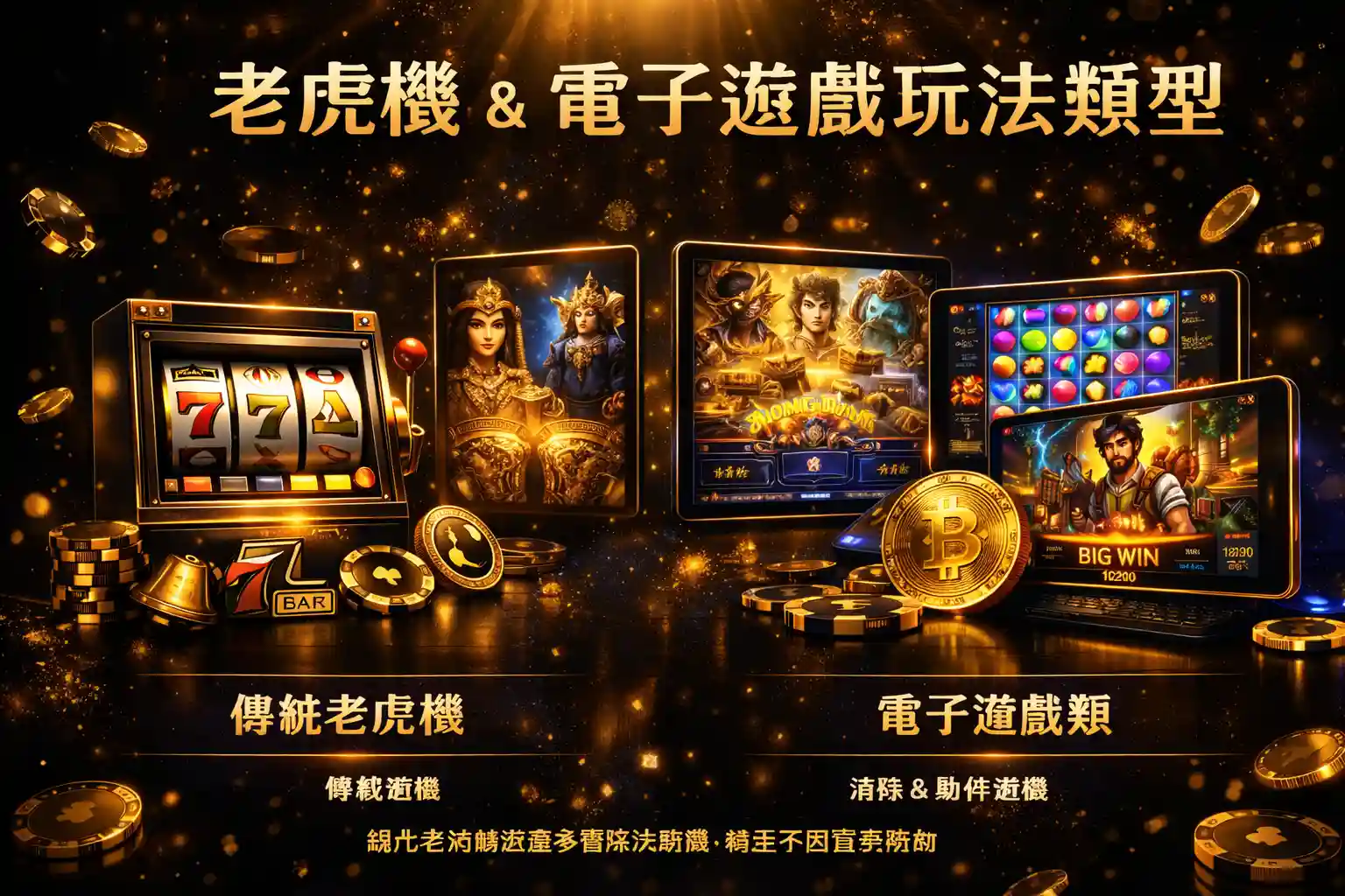 不同老虎機與電子遊戲玩法類型示意