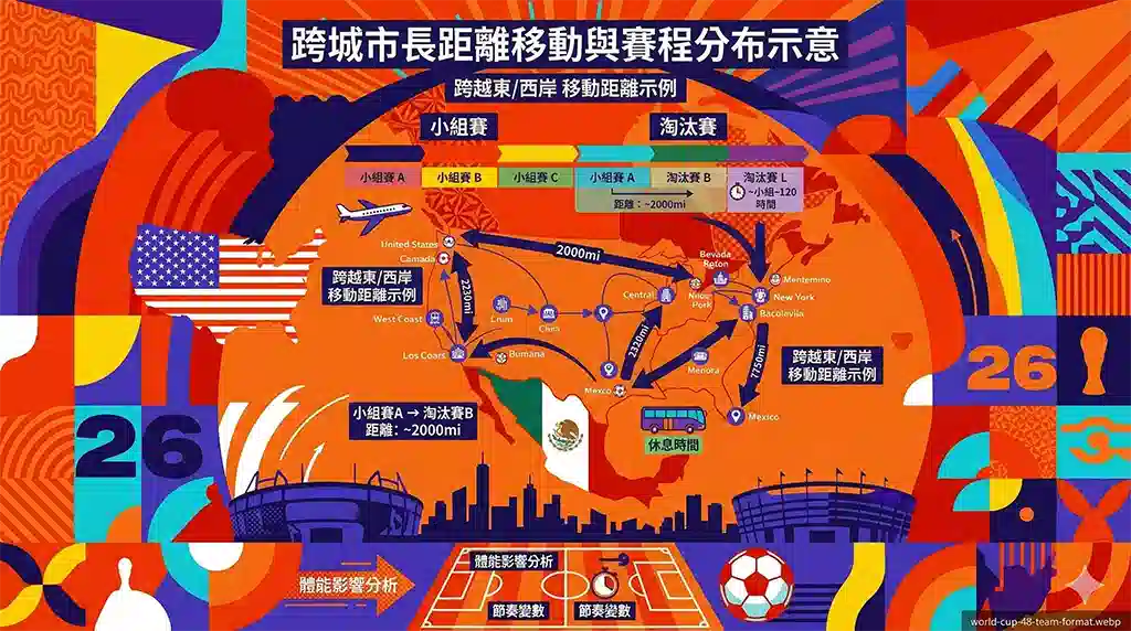 2026世界盃跨城市長距離移動與賽程分布示意