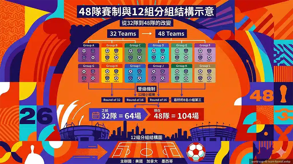 2026世界盃48隊賽制與12組分組結構示意